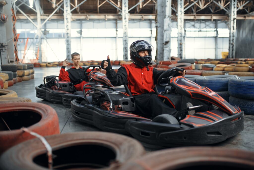 Two kart racers, karting auto sport indoor